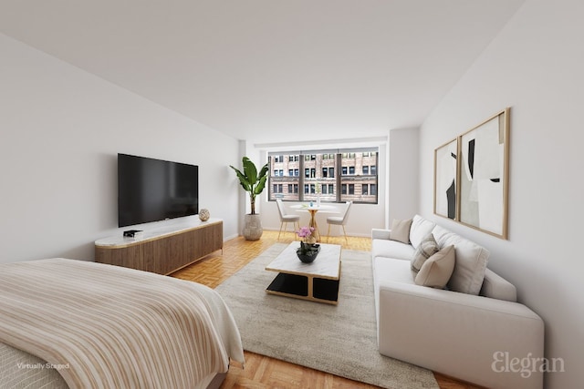 living room featuring light parquet floors