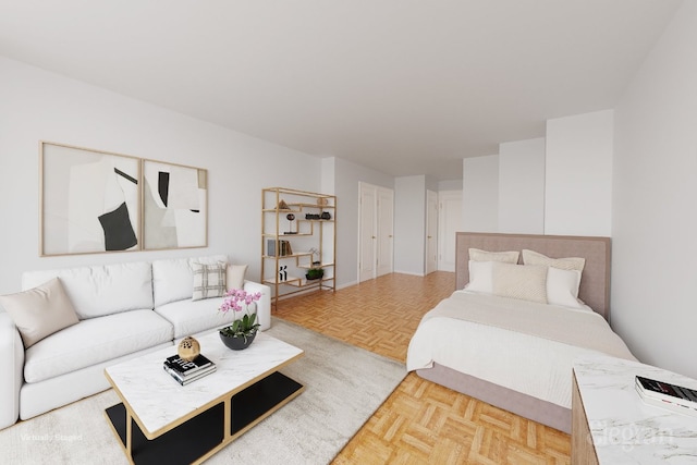 bedroom featuring light parquet flooring