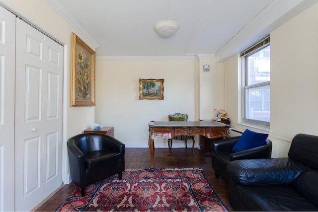 home office featuring ornamental molding and baseboards