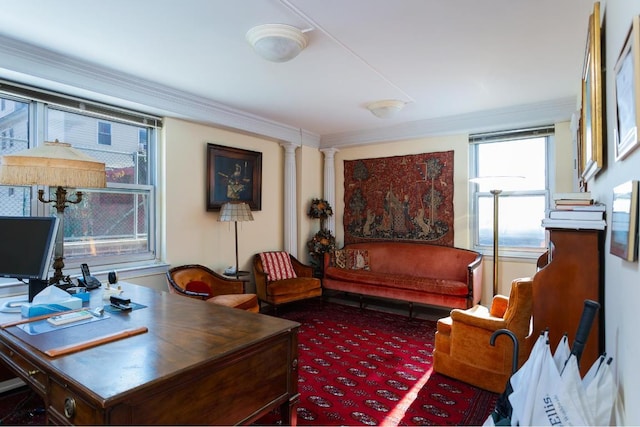 carpeted office with crown molding