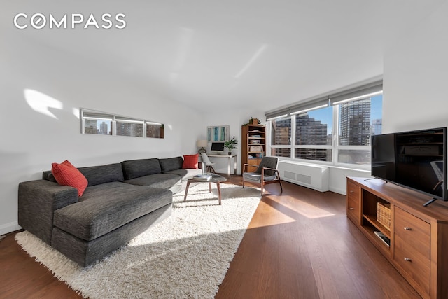 living room with lofted ceiling, radiator heating unit, dark wood finished floors, and baseboards