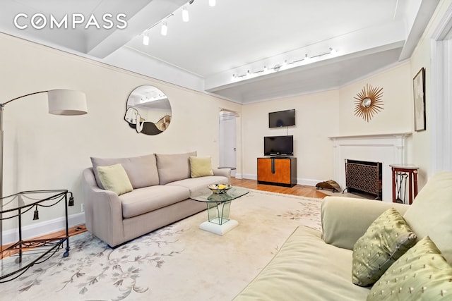 living room featuring wood finished floors, baseboards, a fireplace, rail lighting, and beamed ceiling