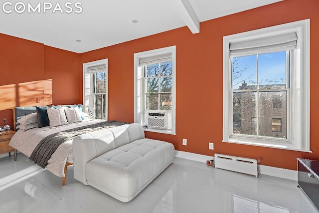 bedroom featuring a baseboard heating unit, cooling unit, and beamed ceiling