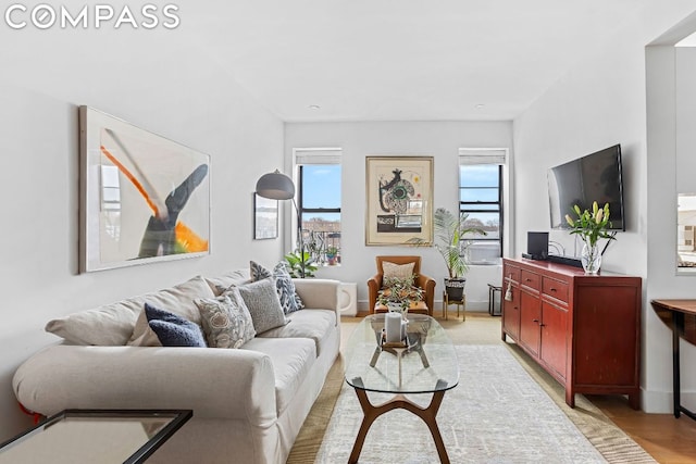 living room featuring light hardwood / wood-style flooring and a wealth of natural light