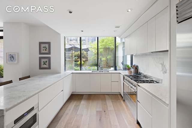 kitchen featuring light wood finished floors, high end appliances, white cabinetry, a sink, and modern cabinets