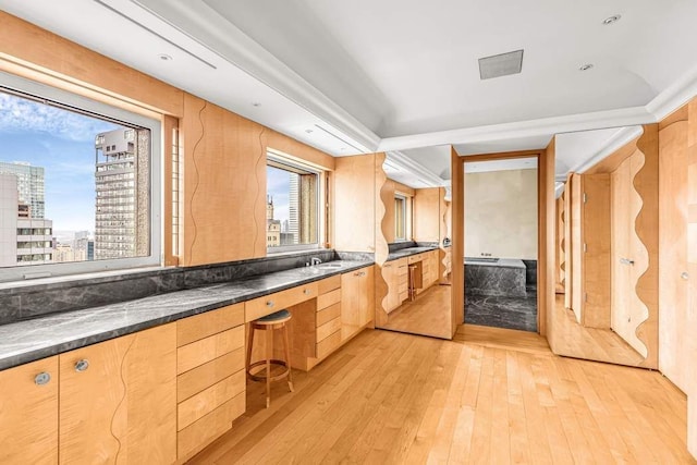 bathroom featuring a city view, vanity, and hardwood / wood-style flooring