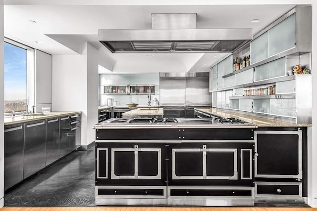 kitchen featuring open shelves, decorative backsplash, a sink, ventilation hood, and dark cabinetry