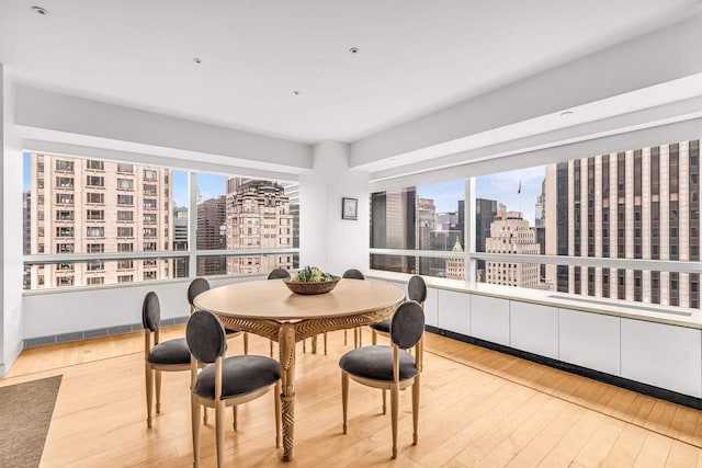 dining room featuring a view of city and wood finished floors
