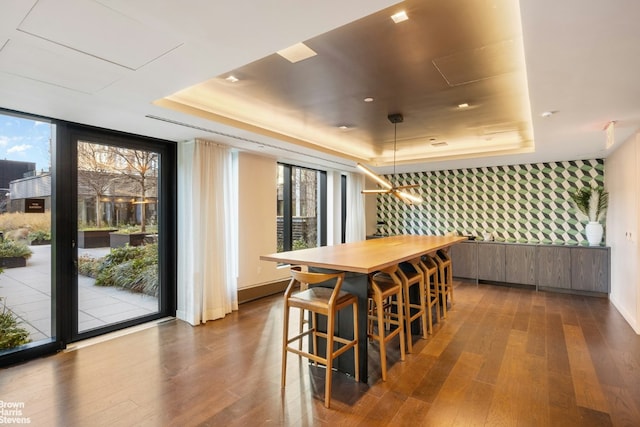 dining room with wood-type flooring, expansive windows, and a raised ceiling