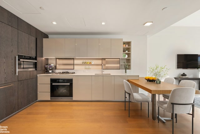 kitchen featuring dark brown cabinetry, light wood finished floors, stainless steel appliances, light countertops, and a sink