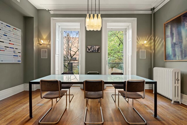 dining area with crown molding, wood finished floors, a wealth of natural light, and radiator