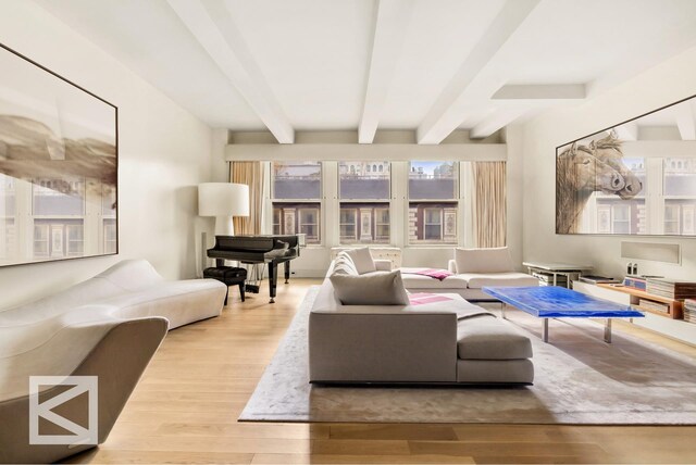 living room featuring wood finished floors and beam ceiling