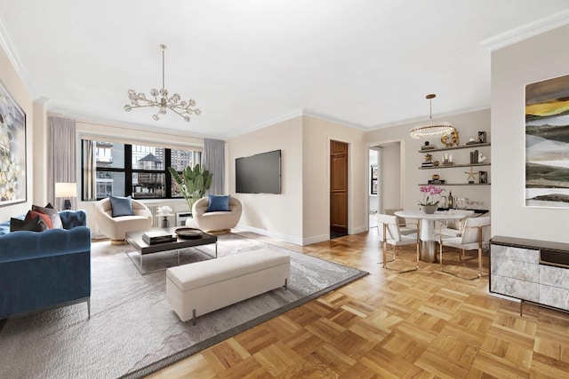 living room featuring crown molding, baseboards, and an inviting chandelier