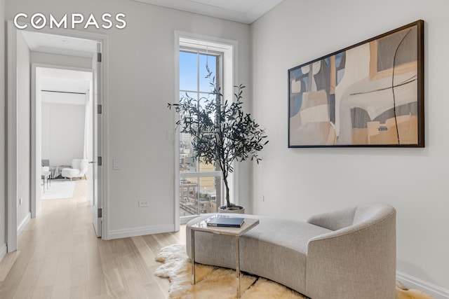 living area featuring baseboards and wood finished floors