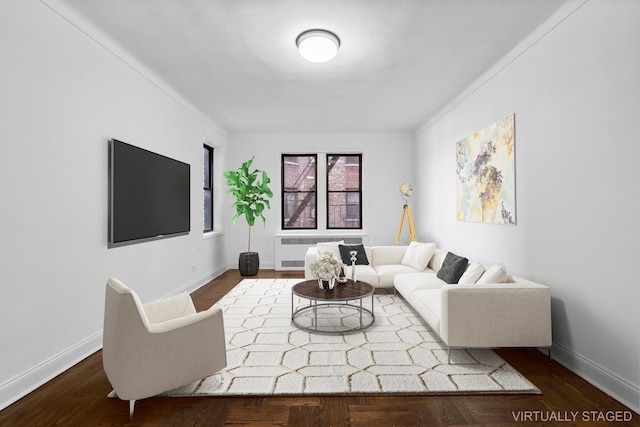 living room featuring baseboards, radiator heating unit, and ornamental molding