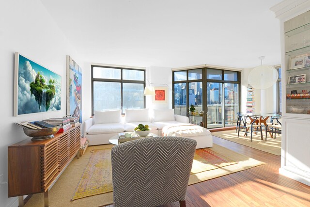 living area featuring a wall of windows and wood finished floors