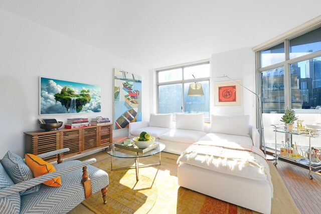 living area featuring a wall of windows and wood finished floors