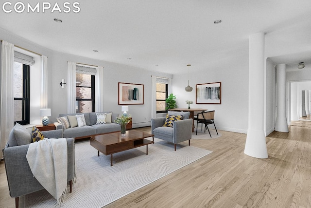 living room with a baseboard heating unit, a wealth of natural light, and light hardwood / wood-style floors