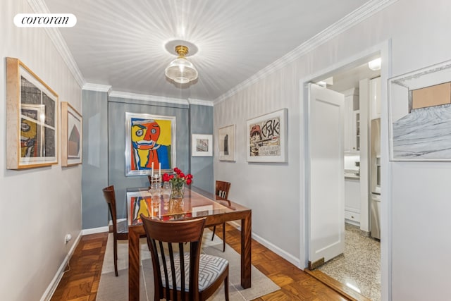 dining room with parquet floors and ornamental molding