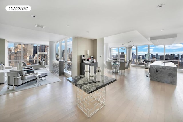 living room featuring a wall of windows and light hardwood / wood-style flooring