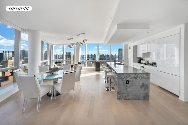 dining space featuring floor to ceiling windows, a wealth of natural light, and light wood-type flooring