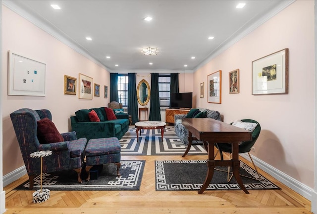 living room featuring parquet floors and ornamental molding