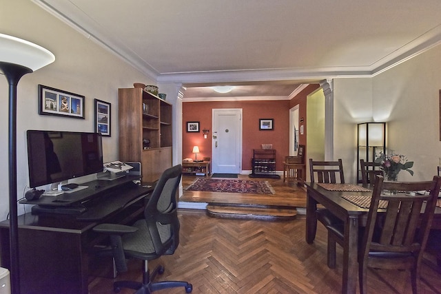 office featuring ornamental molding and ornate columns