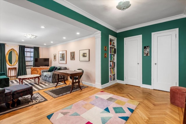 entrance foyer featuring parquet flooring and ornamental molding