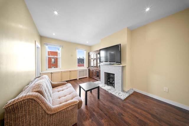 living room with radiator and dark hardwood / wood-style floors