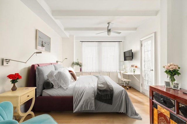 bedroom featuring beamed ceiling, ceiling fan, and light wood-type flooring