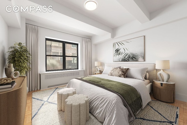 bedroom featuring radiator heating unit, beamed ceiling, and parquet floors