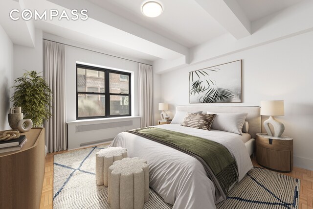 bedroom featuring beamed ceiling and baseboards