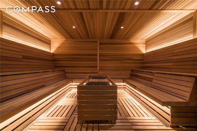 50 W St Unit 14B, New York City, NY 10006 - sauna with wooden ceiling, wood walls, and recessed lighting