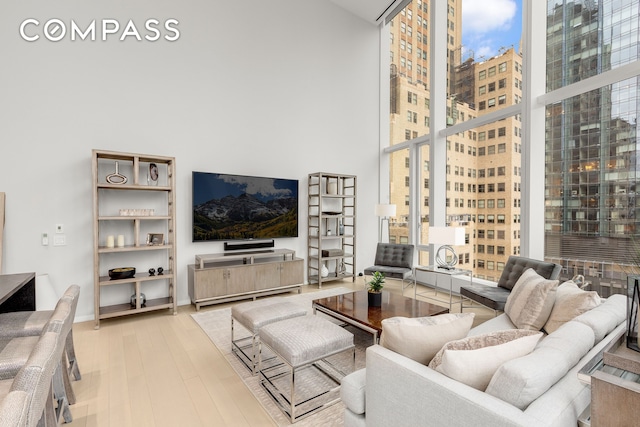 50 W St Unit 14B, New York City, NY 10006 - living area featuring wood finished floors and a towering ceiling