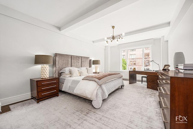 bedroom featuring light carpet, a notable chandelier, baseboards, and beam ceiling