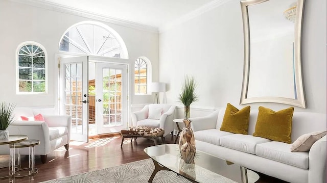 living area featuring french doors, crown molding, and wood finished floors