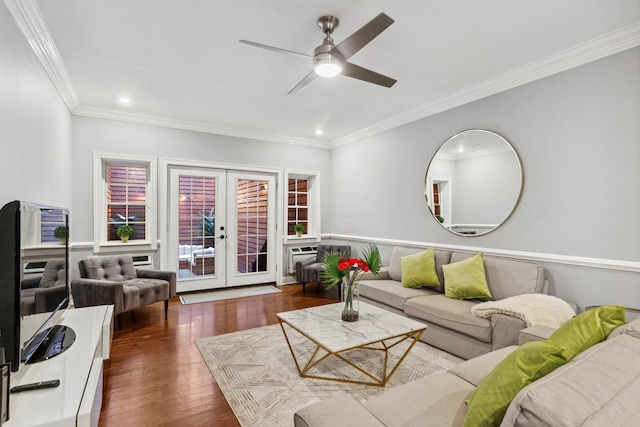 living area with ceiling fan, ornamental molding, wood finished floors, french doors, and recessed lighting