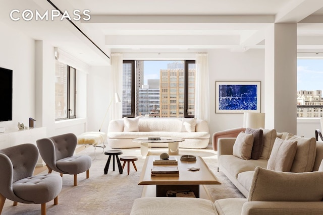 living room featuring light colored carpet, a view of city, and a healthy amount of sunlight