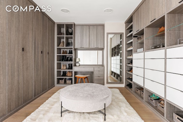 walk in closet with light wood-type flooring