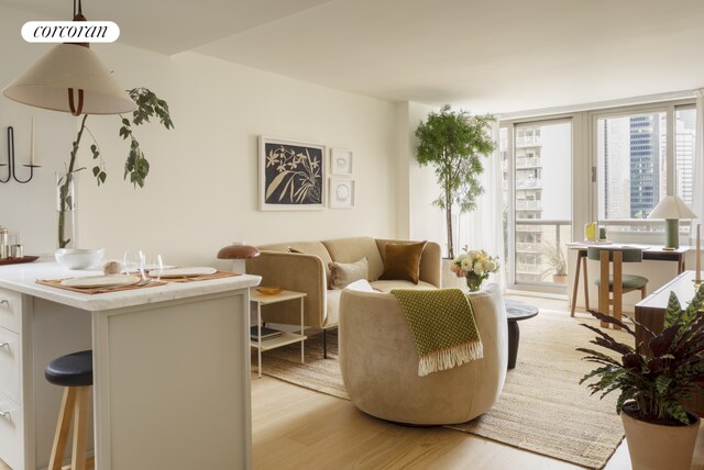 living room with a wall of windows and light hardwood / wood-style floors