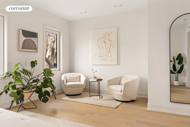 sitting room with light hardwood / wood-style flooring