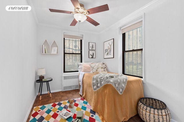 30 E 9th St Unit 1D, New York City, NY 10003 - bedroom featuring baseboards, visible vents, ornamental molding, and radiator