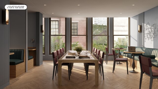 dining area with light parquet flooring