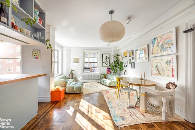 sitting room featuring crown molding, dark parquet flooring, and radiator