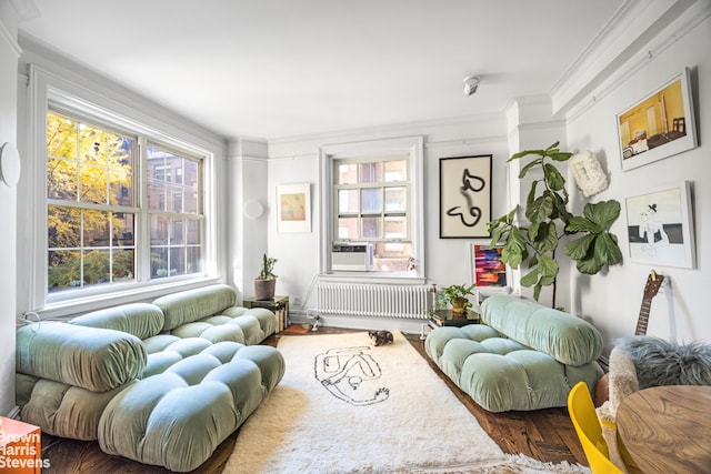 living room featuring ornamental molding, wood finished floors, and radiator