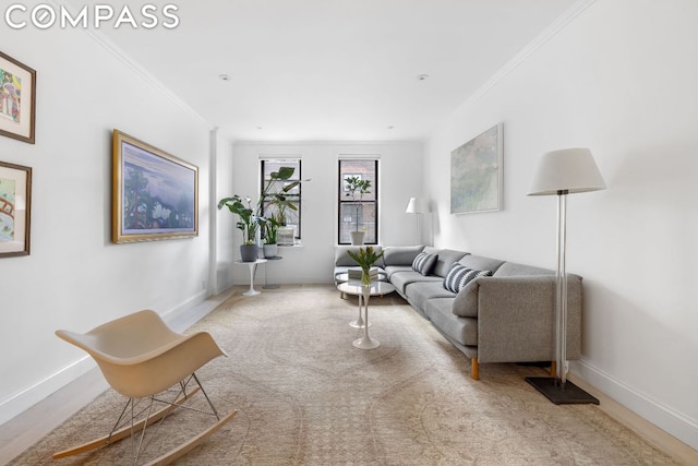 living room featuring crown molding