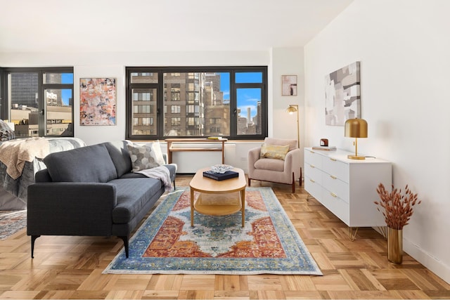 living area featuring baseboards and a city view