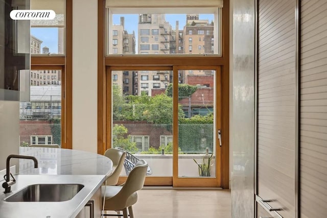 doorway to outside featuring sink