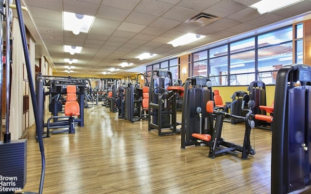 exercise room with visible vents, a drop ceiling, and wood finished floors