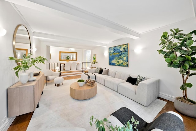 living room with crown molding, hardwood / wood-style flooring, and beamed ceiling